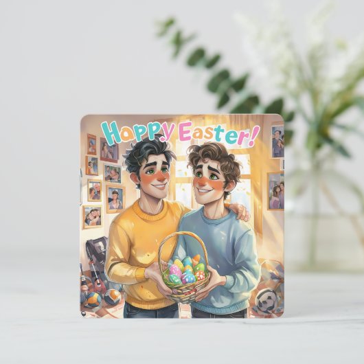 Schattige homostel met paasmand feestdagenkaart (Staand voorkant)
