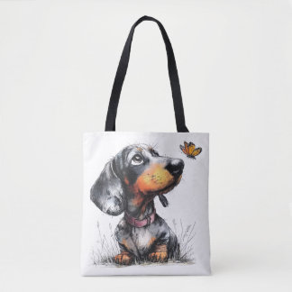 Schattige hond die naar een vlinder kijkt tote bag