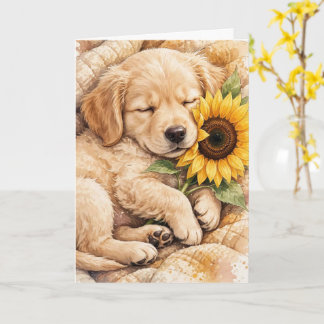 Schattige hond die slaapt met een zonnebloem blanc kaart
