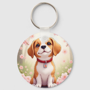 Schattige hond en bloesems sleutelhanger