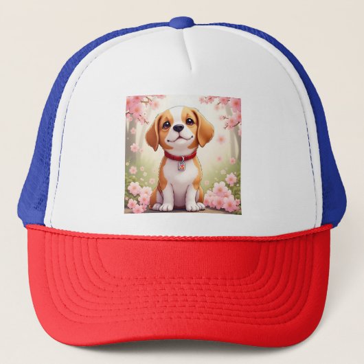Schattige hond en bloesems Trucker Hat Pet (Voorkant)