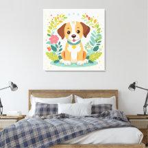 Schattige Hond En Kleurrijke Bloemen Kinderen