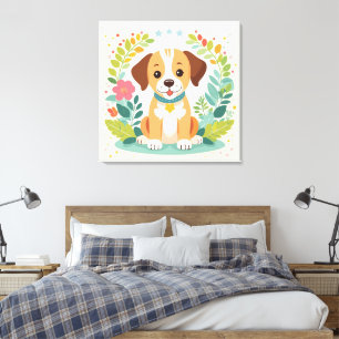 Schattige Hond En Kleurrijke Bloemen Kinderen Canvas Afdruk