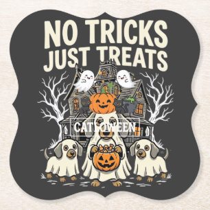 Schattige Hond Halloween Geen Streken Alleen Treat Kartonnen Onderzetters