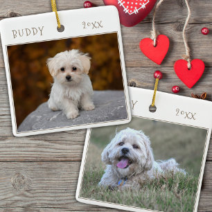 Schattige hond huisdier 2 foto's Kerstmis Keramisch Ornament