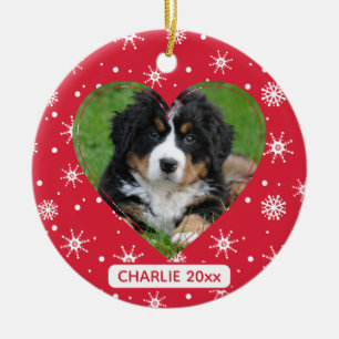 Schattige Hond Huisdier Foto Sneeuwvlok Rode Kerst Keramisch Ornament