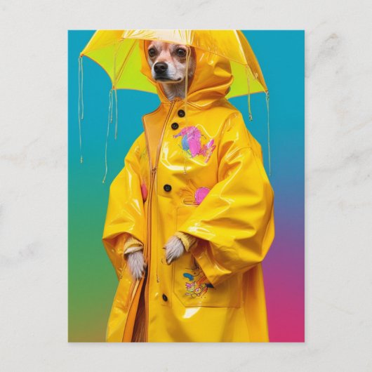 Schattige Hond in een Gele Regenjas Dripping Paint Briefkaart (Voorkant)