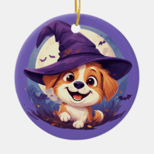 Schattige hond in heksenhoed keramisch ornament