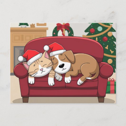 schattige hond kat kersthoed kerstmis feestdagenkaart (Voorkant)