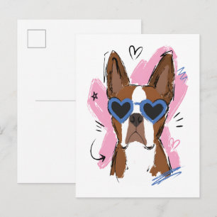 Schattige hond met blauwe hartzonnebril op roze ha briefkaart