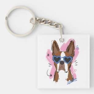 Schattige hond met blauwe hartzonnebril op roze ha sleutelhanger