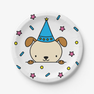 Schattige hond met feesthoed verjaardagsfeest papieren bordje