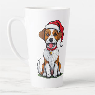 Schattige hond met kerstmuts zittend en lachend latte mok
