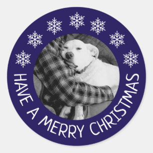 Schattige hond met papa foto vrolijk kerstfeest bl ronde sticker