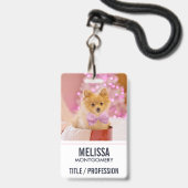 Schattige hond met roze strik Kerstfoto Badge (Achterkant met lanyard)
