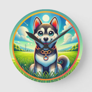 Schattige hond met vrolijke uitdrukking ronde klok