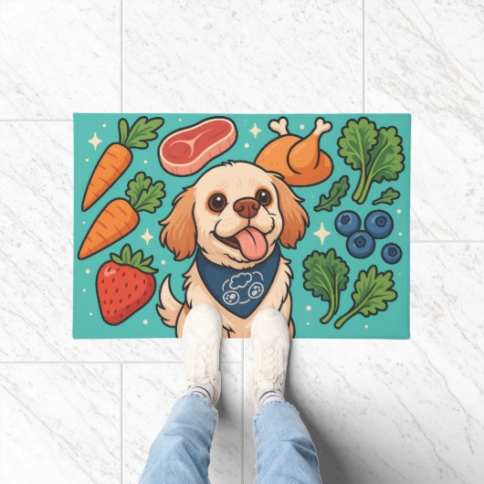 Schattige hond omringd door verse hele voedingsmid deurmat (Binnen)