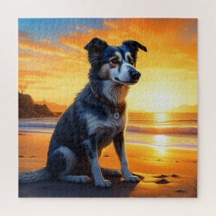 Schattige hond op het strand bij zonsondergang  legpuzzel