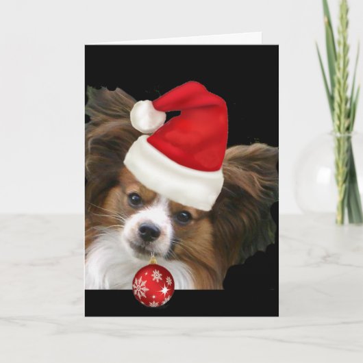 Schattige hond Papillon in een pet van de Kerstman Feestdagen Kaart (Voorkant)