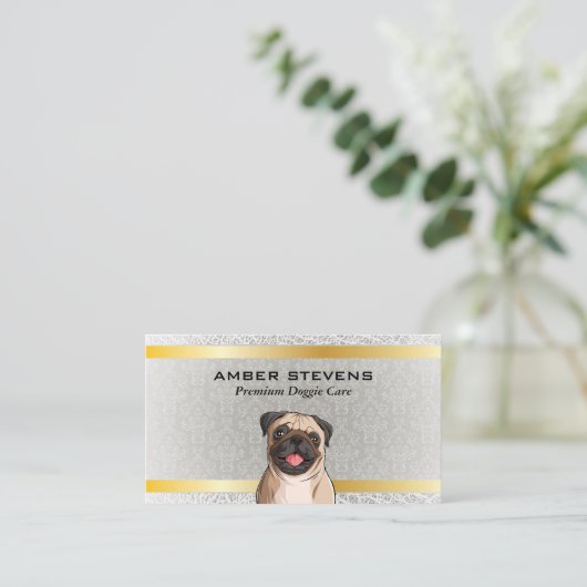 Schattige hond pug | Damast patroon Visitekaartje (Staand voorkant)