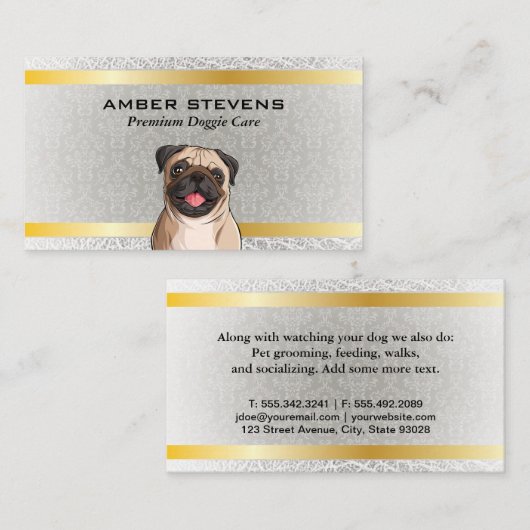 Schattige hond pug | Damast patroon Visitekaartje (Voorkant / Achterkant)