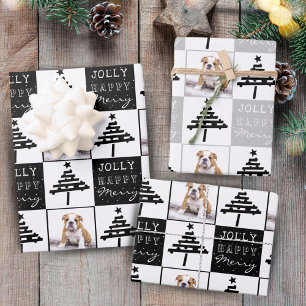 Schattige Hond Puppies Huisdier Foto Zwarte Kerstb Inpakpapier Vel