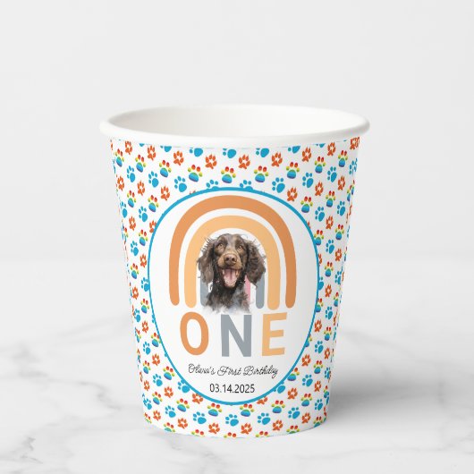 Schattige hond regenboog Waterverf 1e verjaardagsf Papieren Bekers (Voorkant)