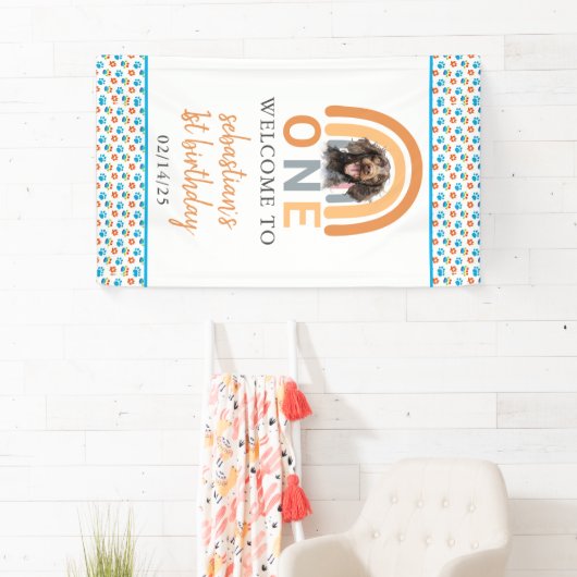 Schattige hond regenboog Waterverf 1e verjaardagsf Spandoek (Insitu)