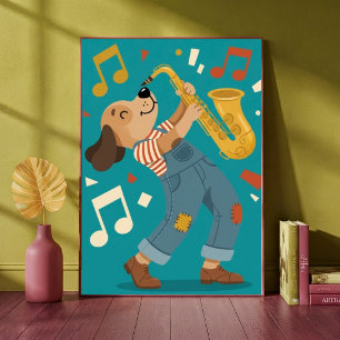 Schattige Hond Speelt Saxofoon Jazz Muziek Kinderk Poster