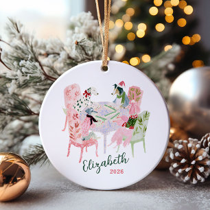 Schattige honden die Mahjong spelen met Kerstmis Keramisch Ornament