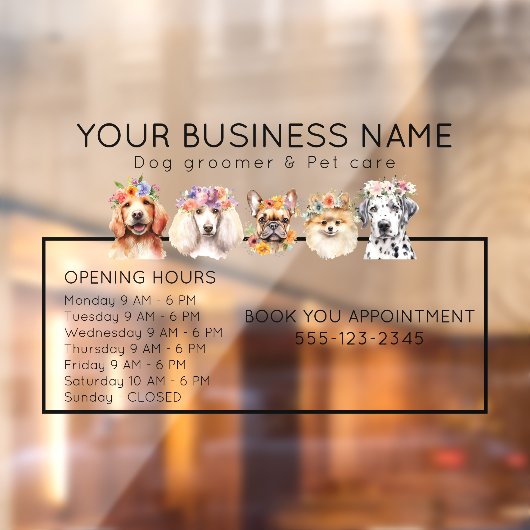 Schattige honden met bloemenkroon openingstijden raamsticker (Vel 2)