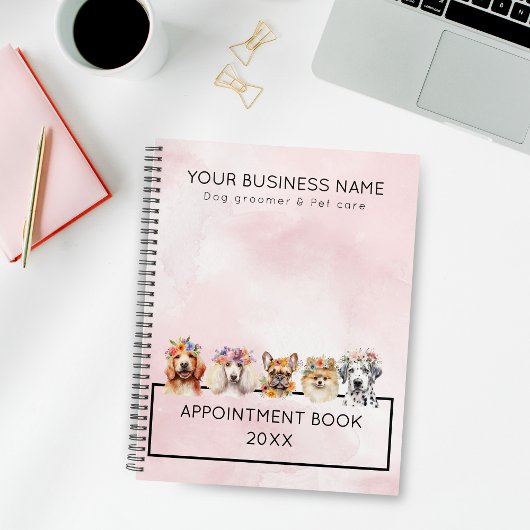 Schattige honden met bloemkroon, waterverf roze planner