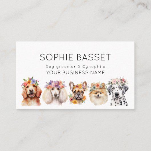 Schattige honden met bloemkroon, waterverf wit visitekaartje (Voorkant)