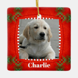 Schattige Hondenhuisdier Foto Rood Groen Kerstmis Keramisch Ornament