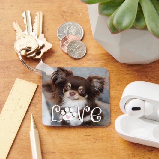 Schattige Hondenliefde Poot Print Foto Aangepast Sleutelhanger (Bureau)