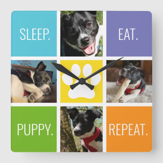 Schattige Hondenslaap Eet Herhaal Dierenvriend Mod Vierkante Klok (Voorkant)
