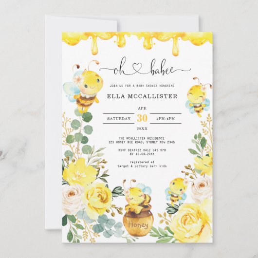 Schattige honingbij gele bloemige groene baby show kaart (Voorkant)