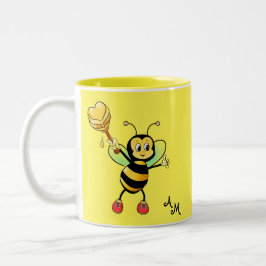 Schattige honingbij met hart & monogram op geel tweekleurige koffiemok