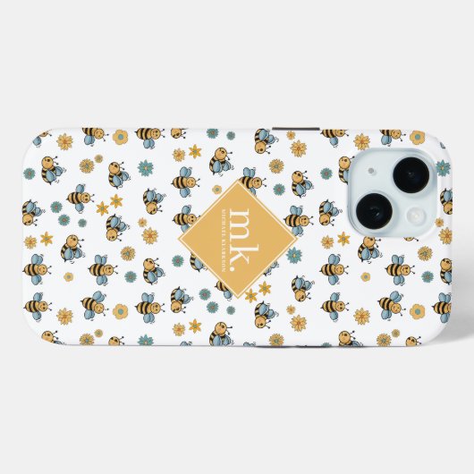 Schattige Honingbijen & Bloemen Wildbloemen Monogr Case-Mate iPhone Case (Achterkant (horizontaal))