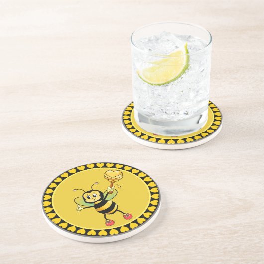 Schattige honinghommel en harten op zwart en geel zandsteen onderzetter (Zijkant)