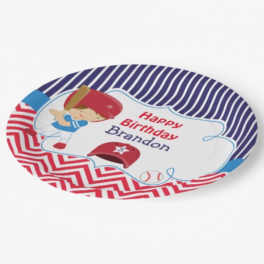 Schattige honkbal brunette jongen verjaardagsfeest papieren bordje (Gekanteld)