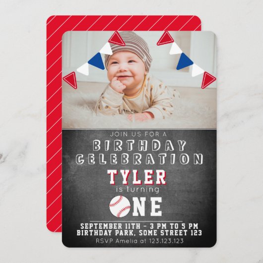 Schattige Honkbal Chalkboard Kinder Foto 1e Verjaa Kaart (Voorkant / Achterkant)