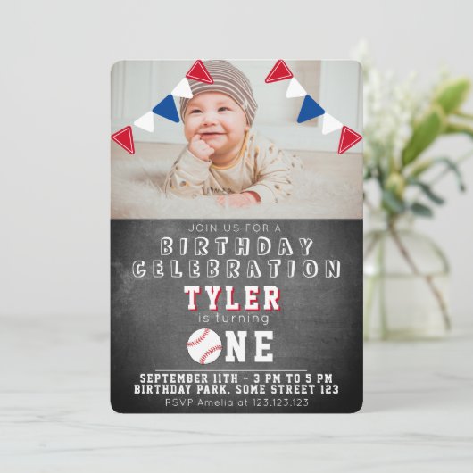 Schattige Honkbal Chalkboard Kinder Foto 1e Verjaa Kaart (Staand voorkant)