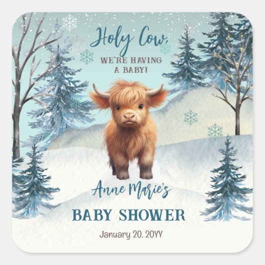 Schattige Hoogland Heilige Koe Winter Baby shower Vierkante Sticker (Voorkant)