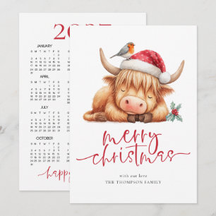 Schattige Hoogland Koe 2027 Kalender Prettig Kerst Feestdagenkaart