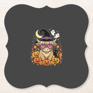 Schattige Hoogland Koe Heks Halloween Pompoen Fees Kartonnen Onderzetters