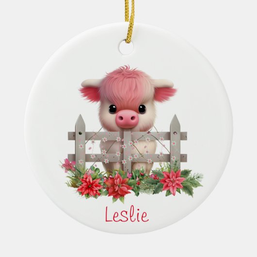 Schattige Hoogland Koe Kalf Kerst Gepersonaliseerd Keramisch Ornament (Voorkant)