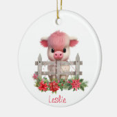 Schattige Hoogland Koe Kalf Kerst Gepersonaliseerd Keramisch Ornament (Links)