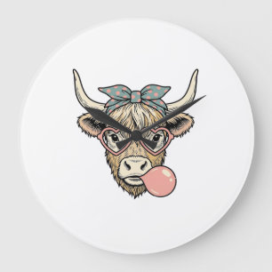 Schattige Hoogland Koe Kaugummi Vintage Vector Ont Grote Klok