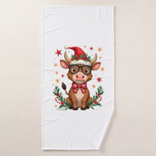 Schattige Hoogland Koe Liefhebber Kerstman Hoed We Badhanddoek